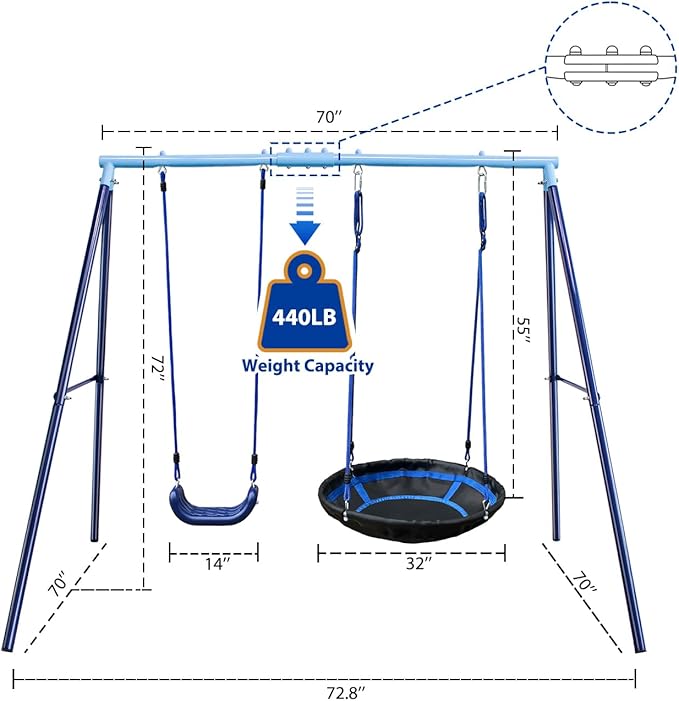 2 Seat Swing Set for Backyard - Metal A-Frame Holds 440 lbs, 1 Adjustable Saucer Swing and 1 u-Shape Swing - Suitable for Kids 3-8 Years-BubblyBeeBaby