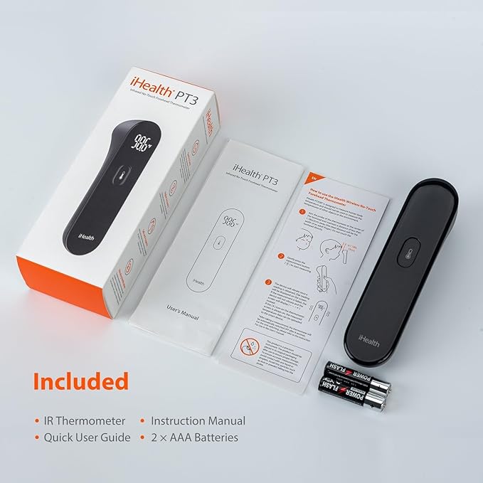 iHealth No-Touch Digital Forehead Thermometer for Adults, Babies, Kids - FSA HSA Eligible, 3 Ultra-Sensitive Sensors, Quiet Vibration Feedback, Large LED Digits, Easy to Use for Home, PT3 Black-BubblyBeeBaby