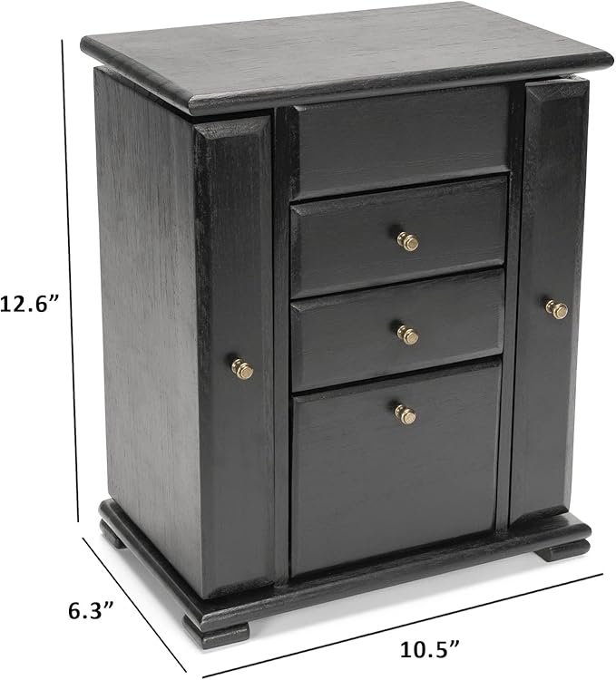 Jewelry Box for Women, Rustic Wooden Jewelry Boxes & Organizers with Mirror, 4 Layer Jewelry Organizer Box Display for Rings Earrings Necklaces Bracelets (Black)-BubblyBeeBaby