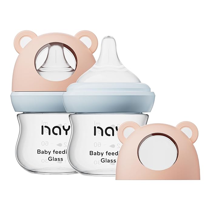Natural Glass Baby Bottle for Breastfeeding Babies, 3oz Newborn Anti-Colic Baby Bottle with Slow Flow Nipples (SS), Clear, Wide Neck, 2 Pack, 0 Months+-BubblyBeeBaby