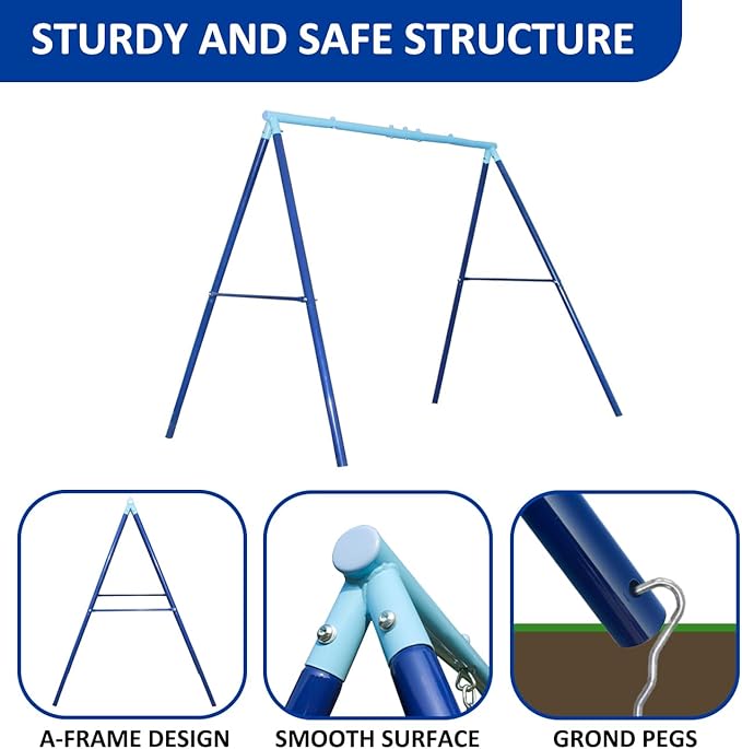 2 Seat Swing Set for Backyard - Metal A-Frame Holds 440 lbs, 1 Adjustable Saucer Swing and 1 u-Shape Swing - Suitable for Kids 3-8 Years-BubblyBeeBaby