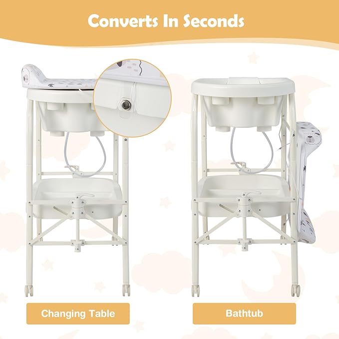 HONEY JOY Baby Changing Table with Bathtub, Foldable Infant Diaper Changing Station with Wheels, Storage Tray, Waterproof Pad, Portable Newborn Nursery Organizer Bath Stand for Boys Girls (White)-BubblyBeeBaby