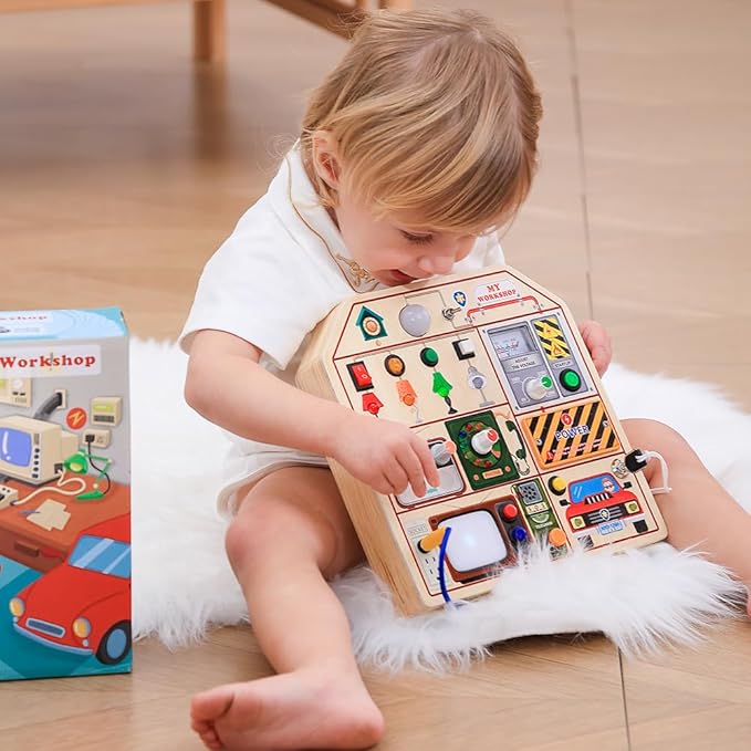 JAUNTY Montessori Wooden Busy Board for Toddlers 3 4 5 Years Old, Wooden Sensory Toddler Toys with LED Light Switches, TV Radio Telegram and Car Driving, Travel Toys Birthday for Boys Girls-BubblyBeeBaby
