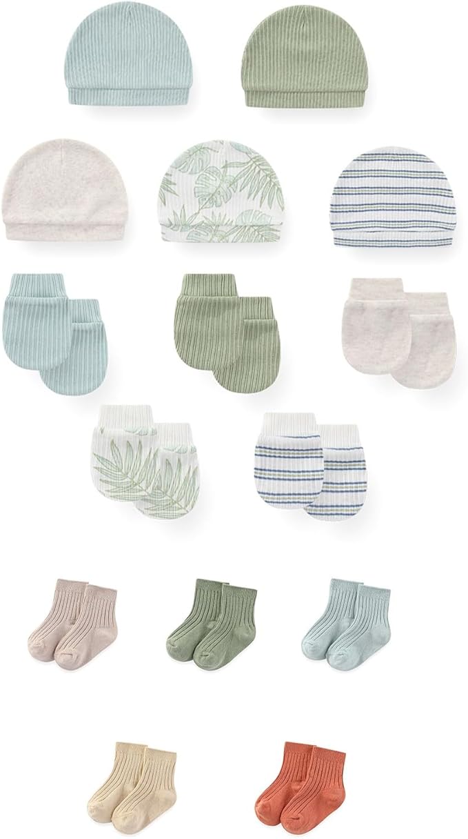 15 Pack Unisex New Born Boy Girls No Scratch Mittens Sets Cotton Soft Baby Gloves Hats socks Accessory 0-6 Months-BubblyBeeBaby