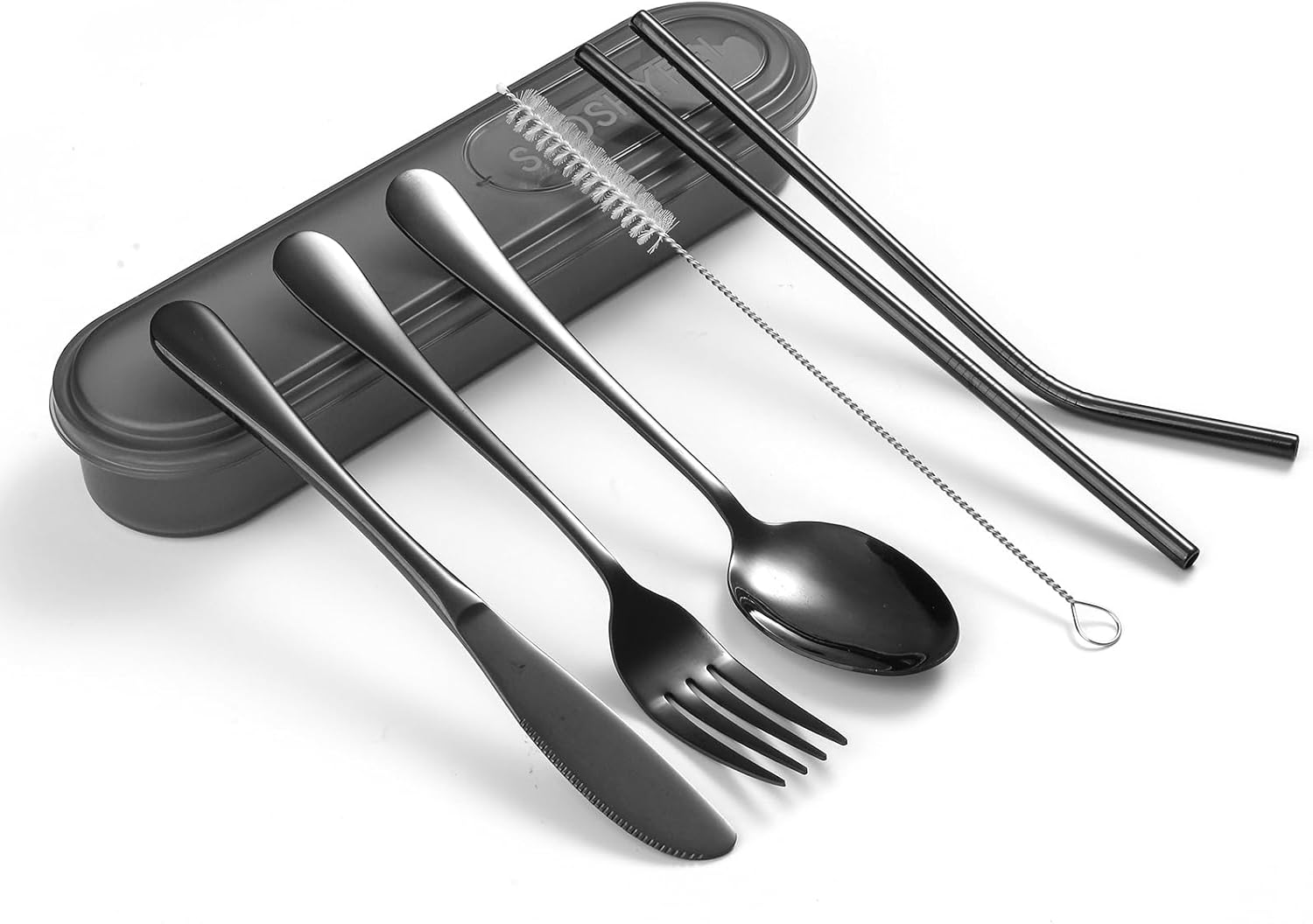 Portable Utensils Set with Case, 4pcs Stainless Steel Reusable Silverware for Lunch Camping School Picnic Workplace Travel, Lunch Box Includ Fork Spoon Knife,Easy to clean,Dishwasher Safe (grey)