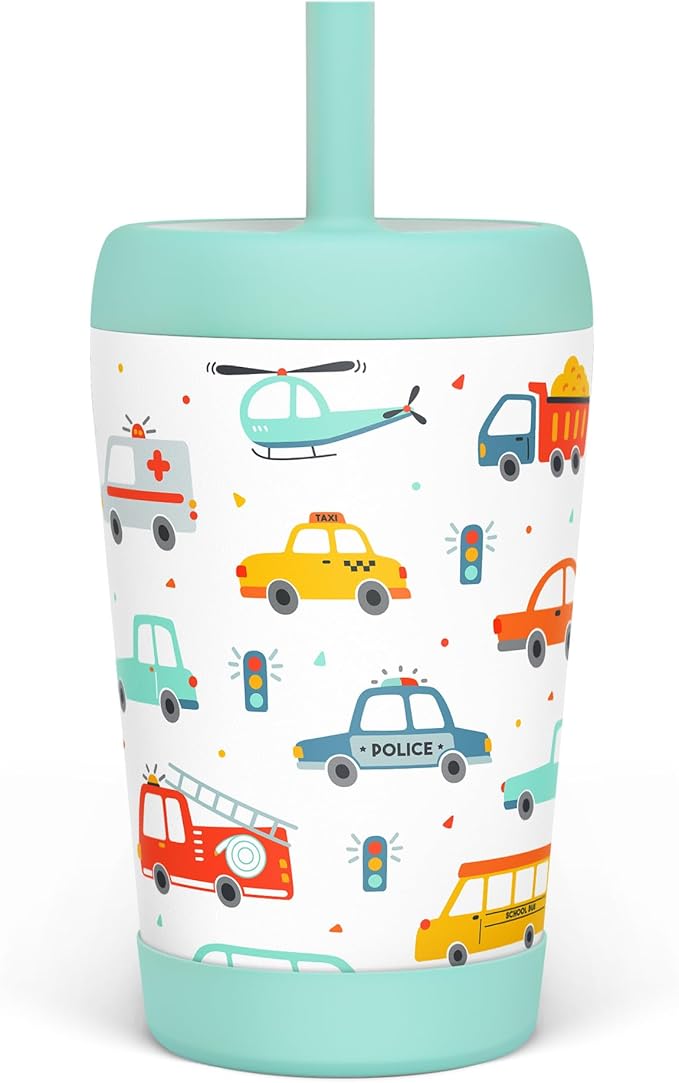 Kid Insulated Stainless Steel Tumbler with Silicone Straw, 12oz Sippy Cup for Kids (Transportation)-BubblyBeeBaby