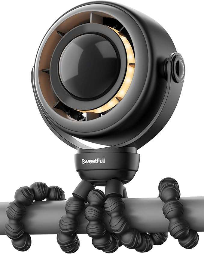 SWEETFULL Baby Stroller Fan - 4000mAh Rechargeable 4-Speed Quiet with LED Display & Night Light, Mini Portable 360° Clip On Safe Fan for Car Seat, Crib, Travel - Black-BubblyBeeBaby