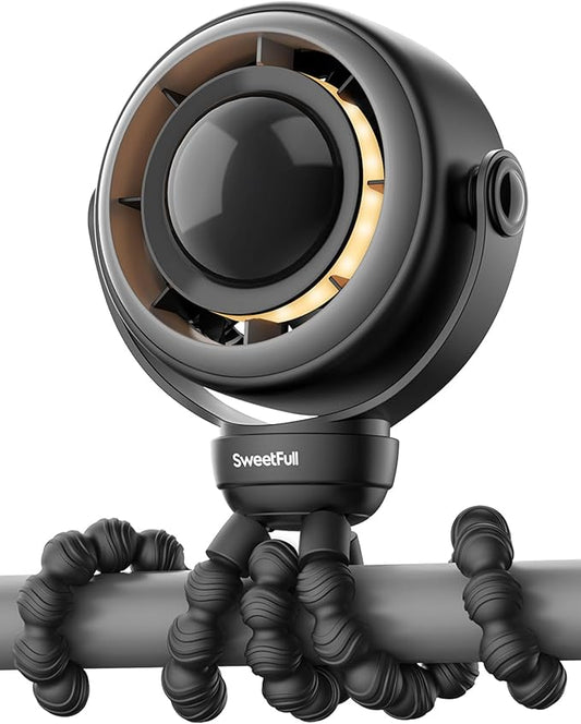 SWEETFULL Baby Stroller Fan - 4000mAh Rechargeable 4-Speed Quiet with LED Display & Night Light, Mini Portable 360° Clip On Safe Fan for Car Seat, Crib, Travel - Black-BubblyBeeBaby