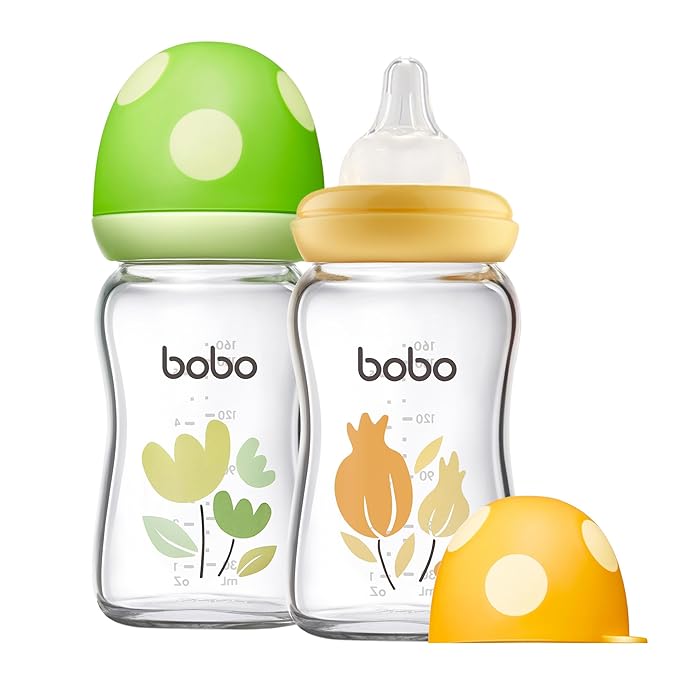 YOHKOH Natural Glass Baby Bottle with Natural Response Nipple, Newborn Anti-Colic Baby Bottles, Wide Neck Mushroom Cap Baby Bottle, Clear (Multicolour1, (5.4oz (Pack of 2))-BubblyBeeBaby