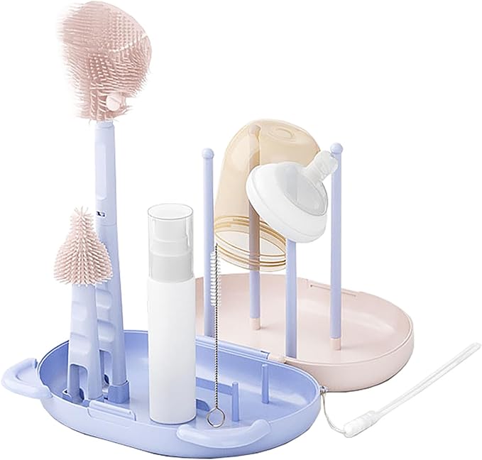 HOEREV Portable Baby Silicone Bottle Brush Set Include Pacifier Brush, Straw Brush, draining Rack, Portable Box-BubblyBeeBaby