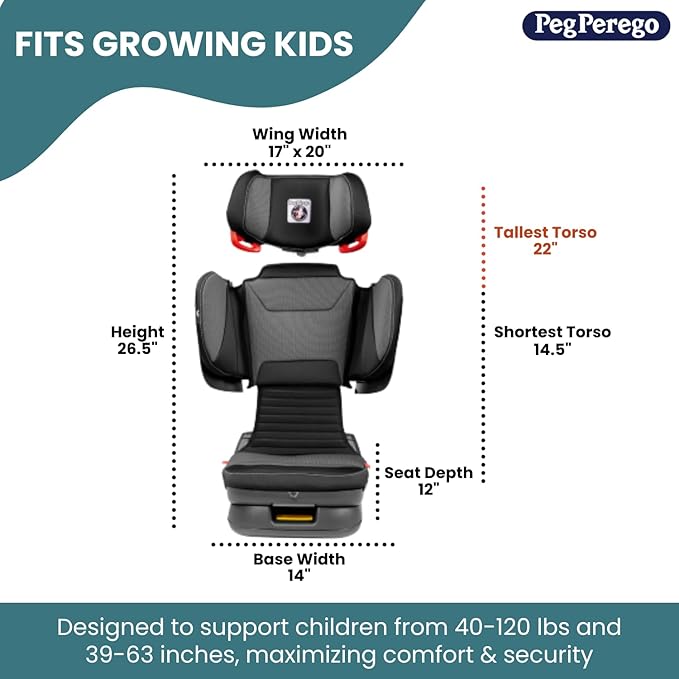 Peg Perego Viaggio Flex 120 Booster, 4D Total Adjust for Safety & Comfort, No Armrests, Compact Fold for Travel, 40-120 lbs, Made in Italy, Monza (Black & Red)-BubblyBeeBaby