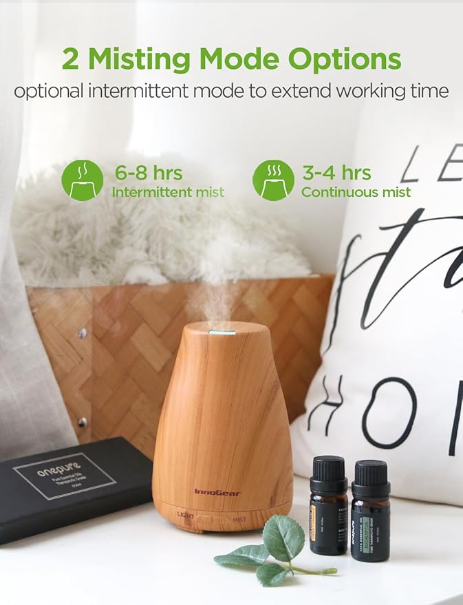 InnoGear Essential Oil Diffuser with Oils, 100ml Aromatherapy Diffuser with 6 Essential Oils Set, Aroma Cool Mist Humidifier Gift Set, Yellow Wood Grain-BubblyBeeBaby