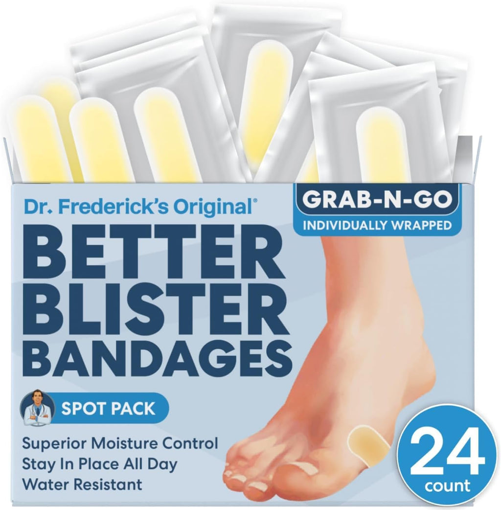 Dr. Frederick's Original Better Blister Bandages - 24 ct - Healing Blister Pads - Grab-N-Go - Water Resistant - 40% More Cushioning - Hydrocolloid - Feet, Toe, & Heel Blister Prevention - Spot Pack