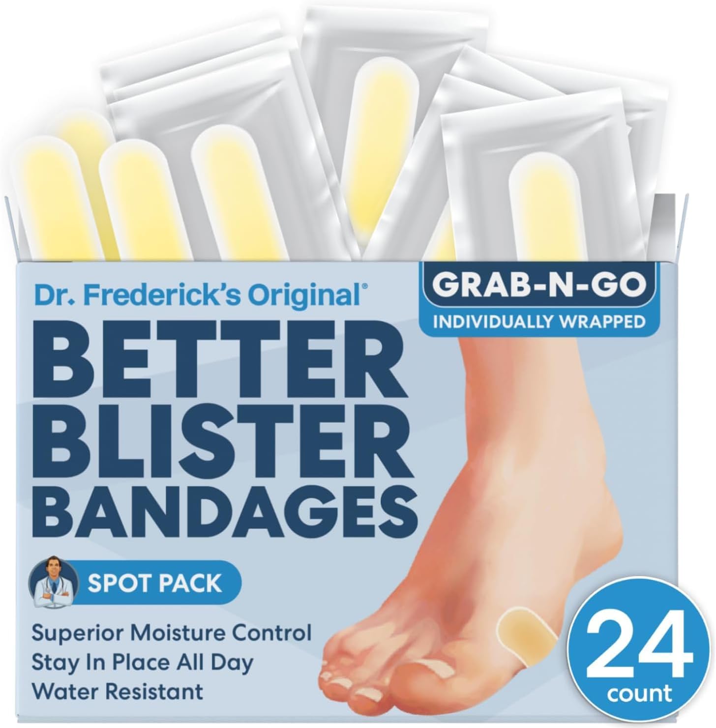 Dr. Frederick's Original Better Blister Bandages - 24 ct - Healing Blister Pads - Grab-N-Go - Water Resistant - 40% More Cushioning - Hydrocolloid - Feet, Toe, & Heel Blister Prevention - Spot Pack
