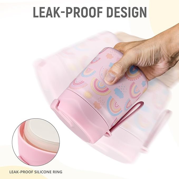 17oz Soup Thermo for Hot Food Kids Insulated Vacuum Food Jar with Stainless Steel Spoon Wide Mouth Thermo Leakproof Lunch Food Container Kids Hot Lunch Box (Pink-Rainbow)-BubblyBeeBaby