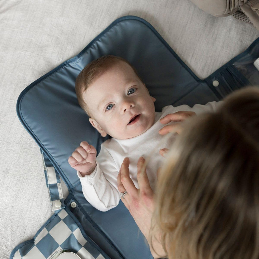 Tiny Twinkle Portable Diaper Changing Pad-Foldable Waterproof Changing Mat&Portable Changing Pad for Travel,Baby Changing Station with Smart Wipes Pocket&Storage (Blue Checkers)