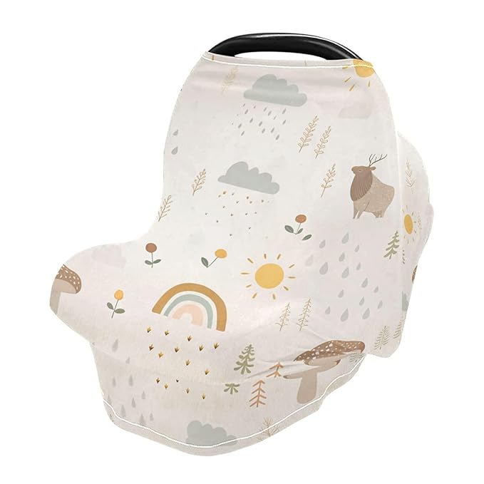 Kigai Mushroom Rainbow Baby Car Seat Covers for Newborn, Breathable Nursing Cover for Breastfeeding Moms, Baby Stroller/Shopping Cart/Stretchy Carseat Cover for Boy & Girl-BubblyBeeBaby