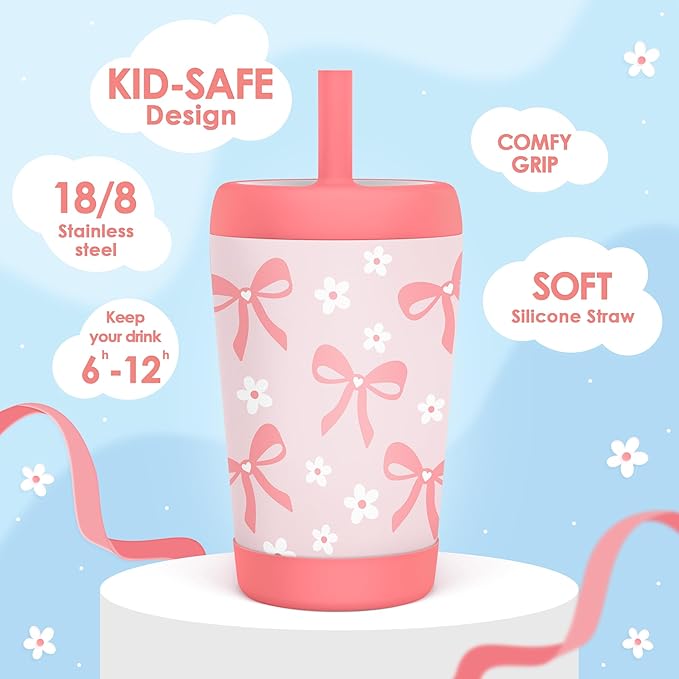 Kid Insulated Stainless Steel Tumbler with Silicone Straw, 12oz Sippy Cup for Kids (Pink Bows)-BubblyBeeBaby
