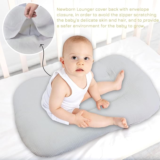Hooyax Baby Lounger Cover 2 Pack - 100% Muslin Cotton Newborn Lounger Pillow Covers Only, Soft Breathable Infant Lounger Cover with Reinforced Stitching, Fits Most Standard Baby Loungers (Grey Cream)-BubblyBeeBaby
