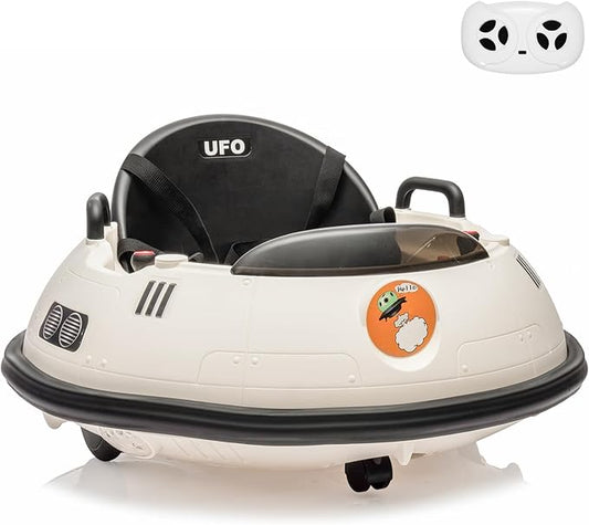 12V Electric Ride on Bumper Car for Toddlers, Kids Bumper Car with Remote Control, 360 Degree Spin, LED Lights, Dual Joysticks, Safety Belt for 18+ Months Kids, White-BubblyBeeBaby