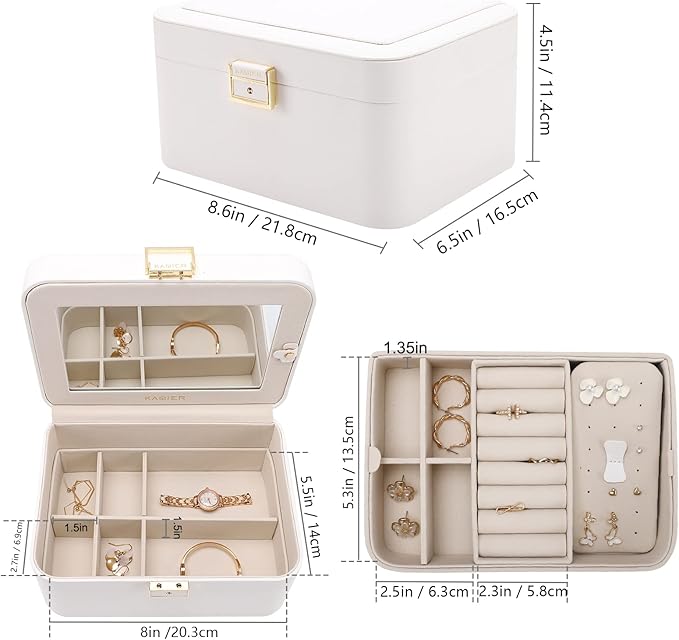 KAMIER Travel Jewelry Box, 2 Layers PU Leather Portable Jewelry Organizer, Large Capacity, Double Lock and Large Mirror, Hidden Necklace Hooks, Removable Dividers, Gift Box Packaging, White-BubblyBeeBaby