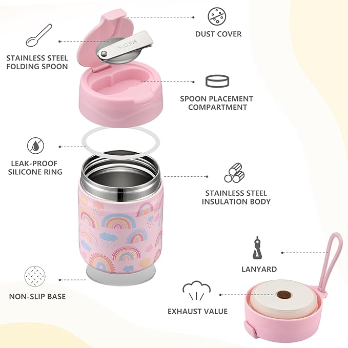 17oz Soup Thermo for Hot Food Kids Insulated Vacuum Food Jar with Stainless Steel Spoon Wide Mouth Thermo Leakproof Lunch Food Container Kids Hot Lunch Box (Pink-Rainbow)-BubblyBeeBaby