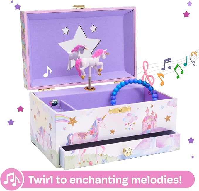 Jewelkeeper Jewelry Box for Girls with 1 Drawer - Unicorn Musical Jewelry Boxes, Beautiful Dreamer Tune, Spinning Unicorn Doll, Little Girl Music Box, Gifts for 5 Year Old Girls (Engineered Wood)-BubblyBeeBaby