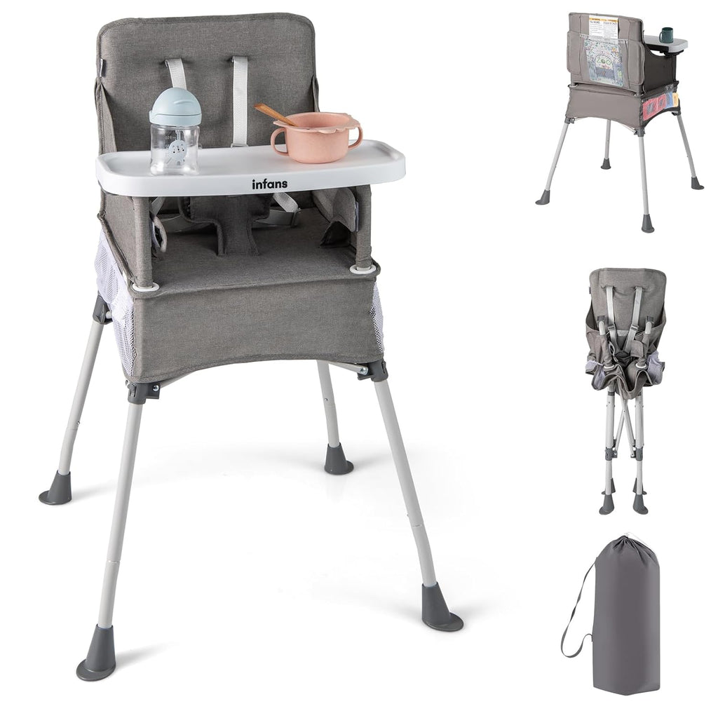 INFANS Baby High Chair, Foldable Portable Highchair for Babies and Toddlers with Travel Bag Adjustable Tray, 5 Point Harness, Compact Space Saver Infant Feeding Chair for Age 6-36 Months (Grey)