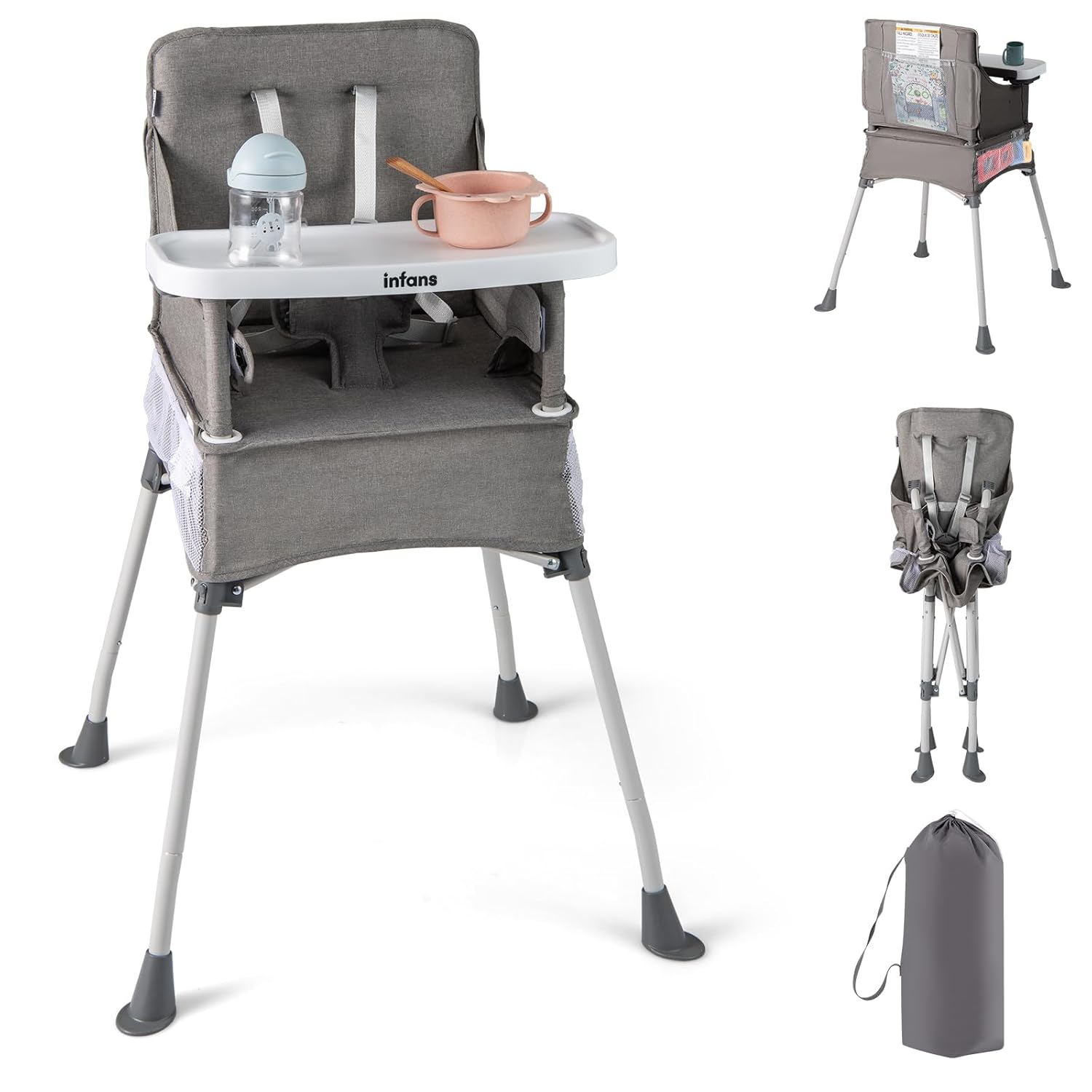INFANS Baby High Chair, Foldable Portable Highchair for Babies and Toddlers with Travel Bag Adjustable Tray, 5 Point Harness, Compact Space Saver Infant Feeding Chair for Age 6-36 Months (Grey)