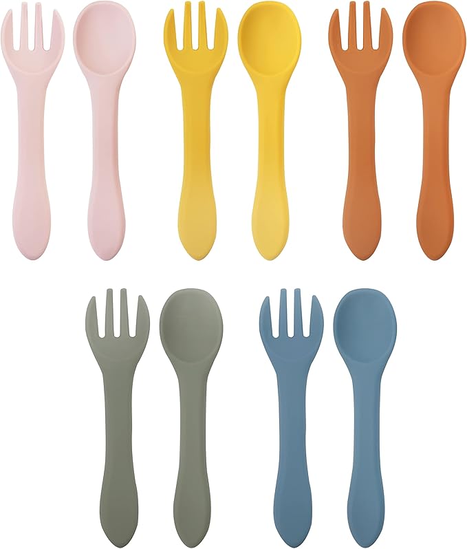 10 Pcs Silicone Baby Spoons and Forks, Chewable Utensils for Self-Feeding, Kids Utensils for Over 6 Months Babies-BubblyBeeBaby