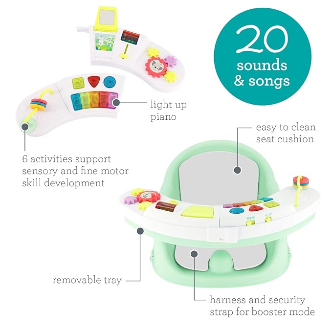 Infantino Music & Lights 3-in-1 Discovery Seat and Booster - Convertible Booster, Infant Activity Seat and Feeding Seat with Electronic Piano for Sensory Exploration, for Babies and Toddlers, Mint-BubblyBeeBaby