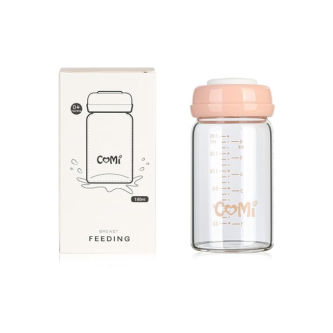COMI Wide Neck Glass Breastmilk Collection n Storage Bottle, 6oz with Screw Ring Sealing Disk; Re-markable Sealing Disc. BPA Free, Fits Breast Pumps & Nipples (Pink Lids)-BubblyBeeBaby
