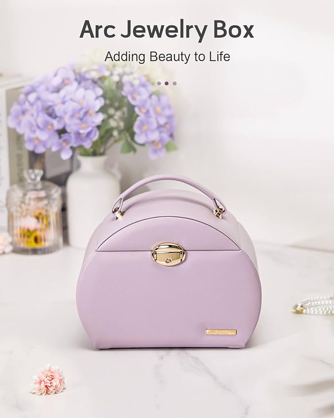 Homde Girls Jewelry Box Jewelry Storage Case Organizer Faux Leather with Mirror for Rings, Earrings, Bracelets, Necklaces (Grey Purple)-BubblyBeeBaby