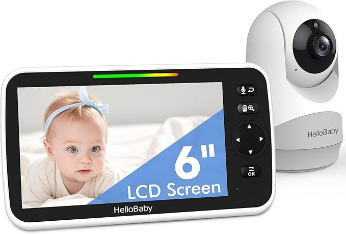 HelloBaby 6”IPS Large Screen, Video Baby Monitor with Upgraded 4000mAh Battery, 2-Way Talk, Night Vision, Pan-Tilt-Zoom, No WiFi, ECO Mode-BubblyBeeBaby
