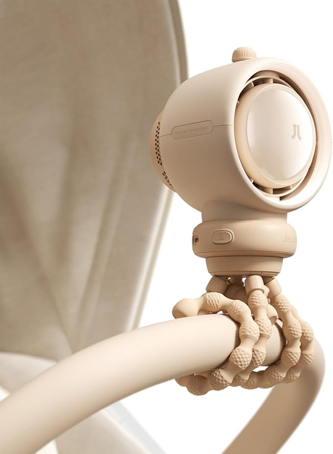 JISULIFE Stroller Fan Baby Large, Safe Bladeless for Crib, Desk, Portable Battery Rechargeable Cooling Fan with Air Turbo Tech, Night Light, Food-Grade Gift for Mom/Dad/Friend - Brown-BubblyBeeBaby