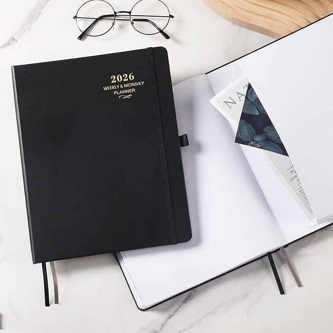 2026 Planner - 2026 Planner Weekly and Monthly, JAN 2026 - DEC 2026, Calendar Planner with Hardcover,Thick Paper, Back Pocket, Notes Pages, Pen Loop (9" x 11") - Black-BubblyBeeBaby