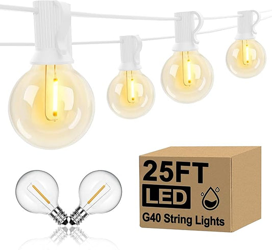 25Ft LED Outdoor String Lights, G40 Globe Patio String Lights Waterproof with 27 Shatterproof Bulbs, Hanging Outdoor Christmas Decorations Lights for Backyard Garden Bistro Wedding Party Decor, White-BubblyBeeBaby