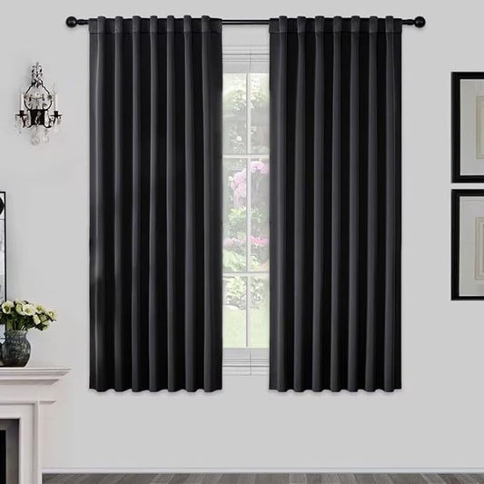 Joydeco 72 Inch Blackout Curtains for Bedroom, Black Out Curtains 72 Inch Long, Room Darkening Curtains & Drapes for Living Room Window Rod Pocket Back Tab (W52 x L72 Inch, Black)-BubblyBeeBaby