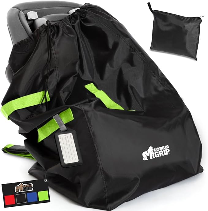 GORILLA GRIP Car Seat Travel Bag for Airplane Gate Check, Easy Carry Backpack Bags Cover Carseats, Infant Baby Carriers and Toddler Booster Seats for Airport, Child Air Travels Essential, Fluorescent-BubblyBeeBaby