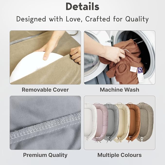 Infant Lounger, Baby Nest Cover for Baby Girls & Boys, Newborn Essentials for Baby 0-12 Months, 100% Cotton Breathable, Co Sleeper Portable Travel Bed (SlateGray, Cotton)-BubblyBeeBaby