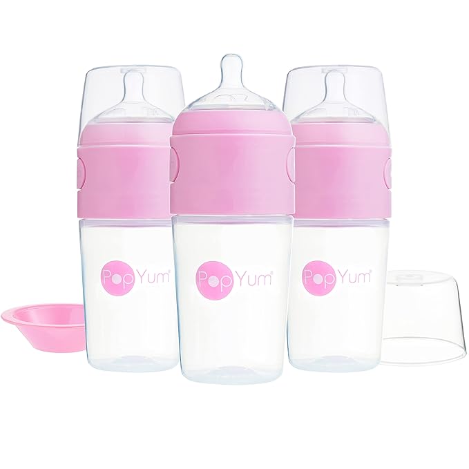 PopYum 9 oz Pink Anti-Colic Formula Making/Mixing/Dispenser Baby Bottles, 3-Pack with #2 Medium Flow Nipples, 260 ml, BPA-Free, Natural Latch-BubblyBeeBaby