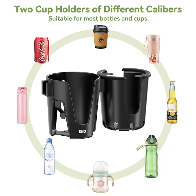 KDD Stroller Cup Holder with Phone Holder, 3-in-1 Removable Bottle Holder, 360 Degrees Rotation Drink Holder for Wheelchair, Stroller, Bike, Walker, Scooter, Bicycle, Uppababy, Bugaboo, Britax-BubblyBeeBaby