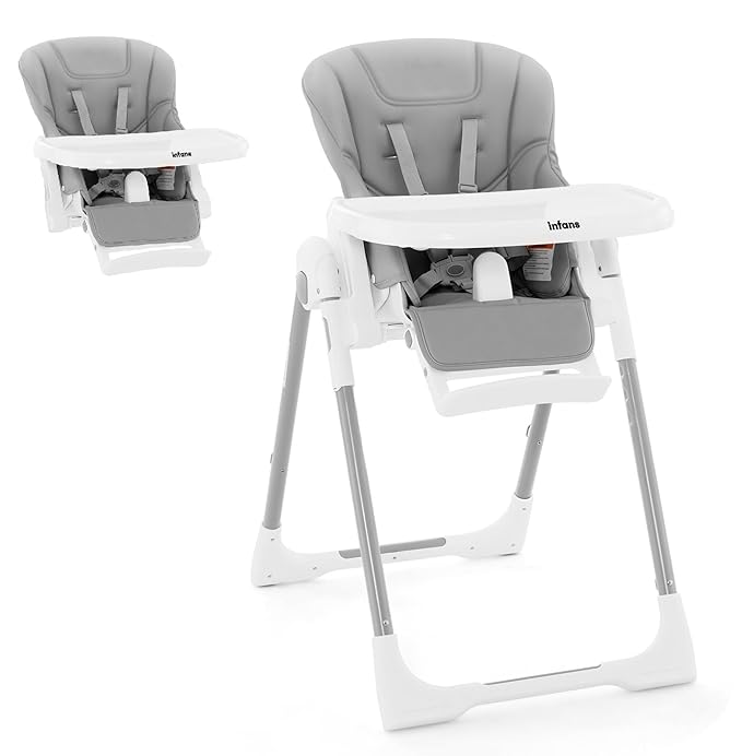INFANS High Chair for Babies & Toddlers, Foldable Highchair with Multiple Adjustable Backrest Footrest Seat Height, Removable Tray, Detachable PU Leather Cushion Wheels (with Booster, Light Grey)-BubblyBeeBaby