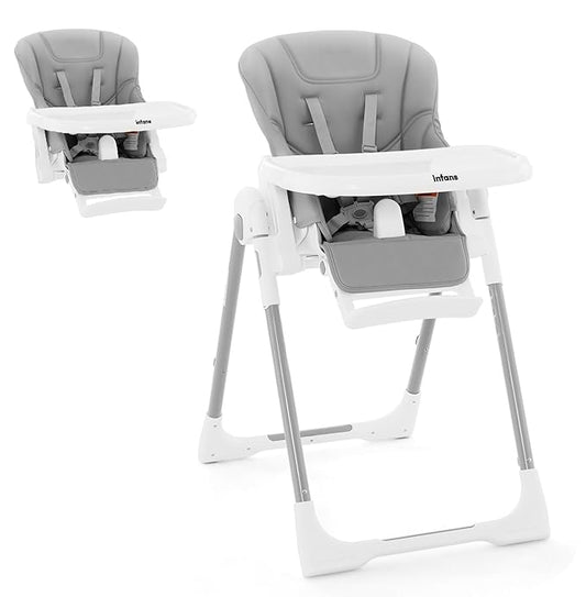 INFANS High Chair for Babies & Toddlers, Foldable Highchair with Multiple Adjustable Backrest Footrest Seat Height, Removable Tray, Detachable PU Leather Cushion Wheels (with Booster, Light Grey)-BubblyBeeBaby
