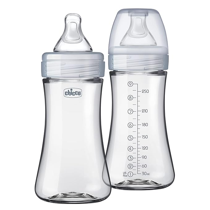 Chicco Duo 9oz. Hybrid Baby Bottle with Invinci-Glass Inside and Plastic Outside | Dishwasher, Bottle Warmer, and Electric Sterilizer Safe | Intui-Latch Nipple | Clear/Grey, 2pk-BubblyBeeBaby