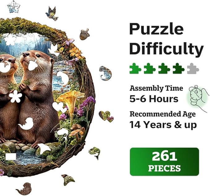 Jigfoxy Wooden Puzzles for Adults, Otter Couple Wood Puzzles Adult, Unique Animal Shape Wooden Jigsaw Puzzles for Adults, Birthday Gifts for Puzzle Lovers Family Friend (L-12.9 * 13.4in-261pcs)-BubblyBeeBaby