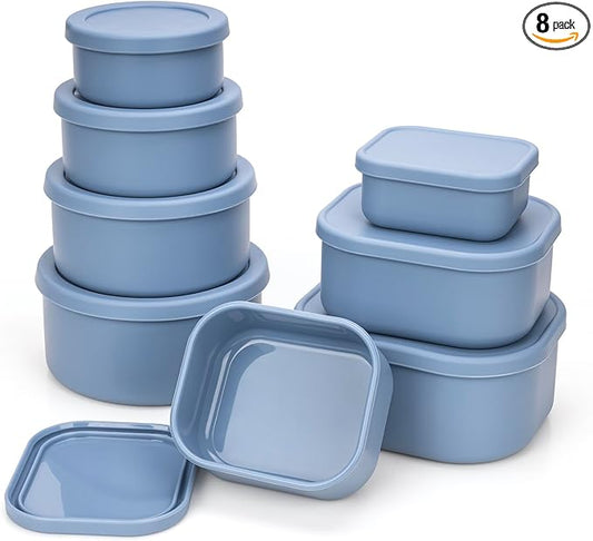 100% Silicone Food Storage Containers with Lids, 8 Pack, 10oz to 51oz, Reusable Leakproof Nesting & Stackable Silicone Bento Lunch Box, Microwave Freezer Dishwasher Oven Safe, BPA Free, Slate Blue-BubblyBeeBaby