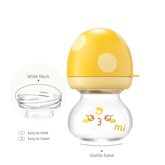 YOHKOH Newborn Glass Baby Bottles with Slow Flow Nipple for 0+ Months, Wide Neck Feeding Bottle, 2.7oz/80ml (Yellow, 2.7oz (Pack of 4))-BubblyBeeBaby