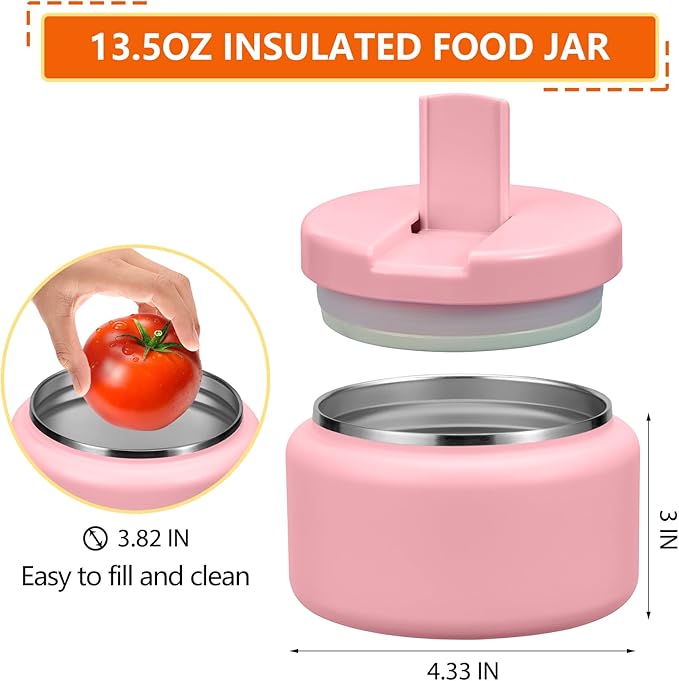 13.5oz Kids Thermos for Hot Food, Insulated Vacuum Food Jar with Buckle Lid, Stainless Steel Wide Mouth Leak Proof Insulated Lunch Container for School Picnic Travel,Pink-BubblyBeeBaby