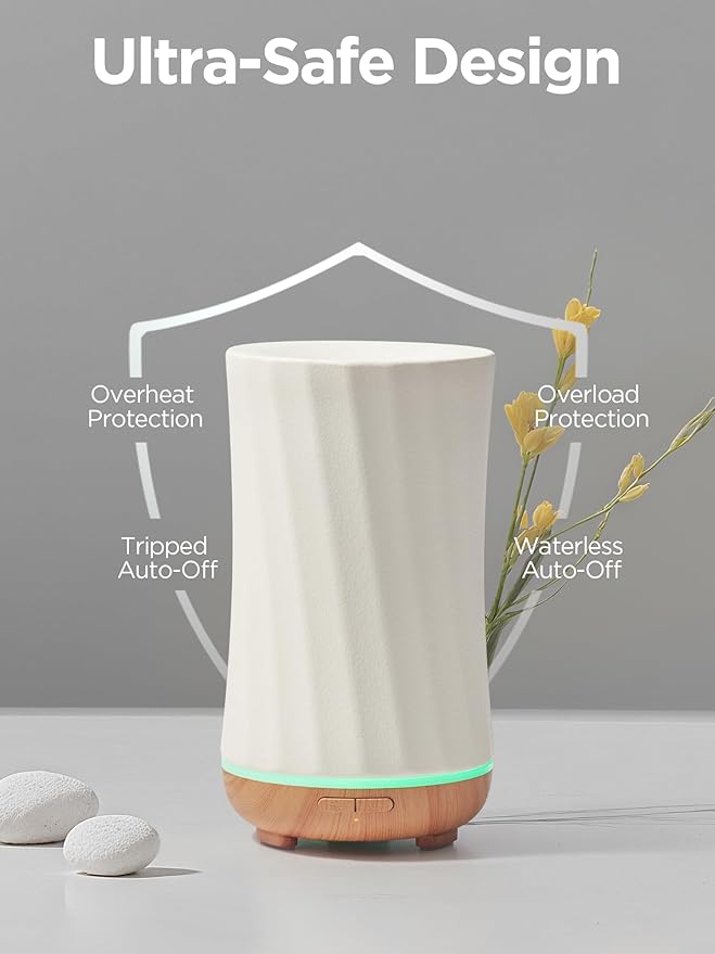 InnoGear 150ml Ceramic Oil Diffuser, Handcrafted Stone Essential Oil Diffuser Aromatherapy Diffusers Ultrasonic Cool Mist Humidifier Vaporizor with 2 Mist Modes Waterless Auto Off for Room Office Home-BubblyBeeBaby